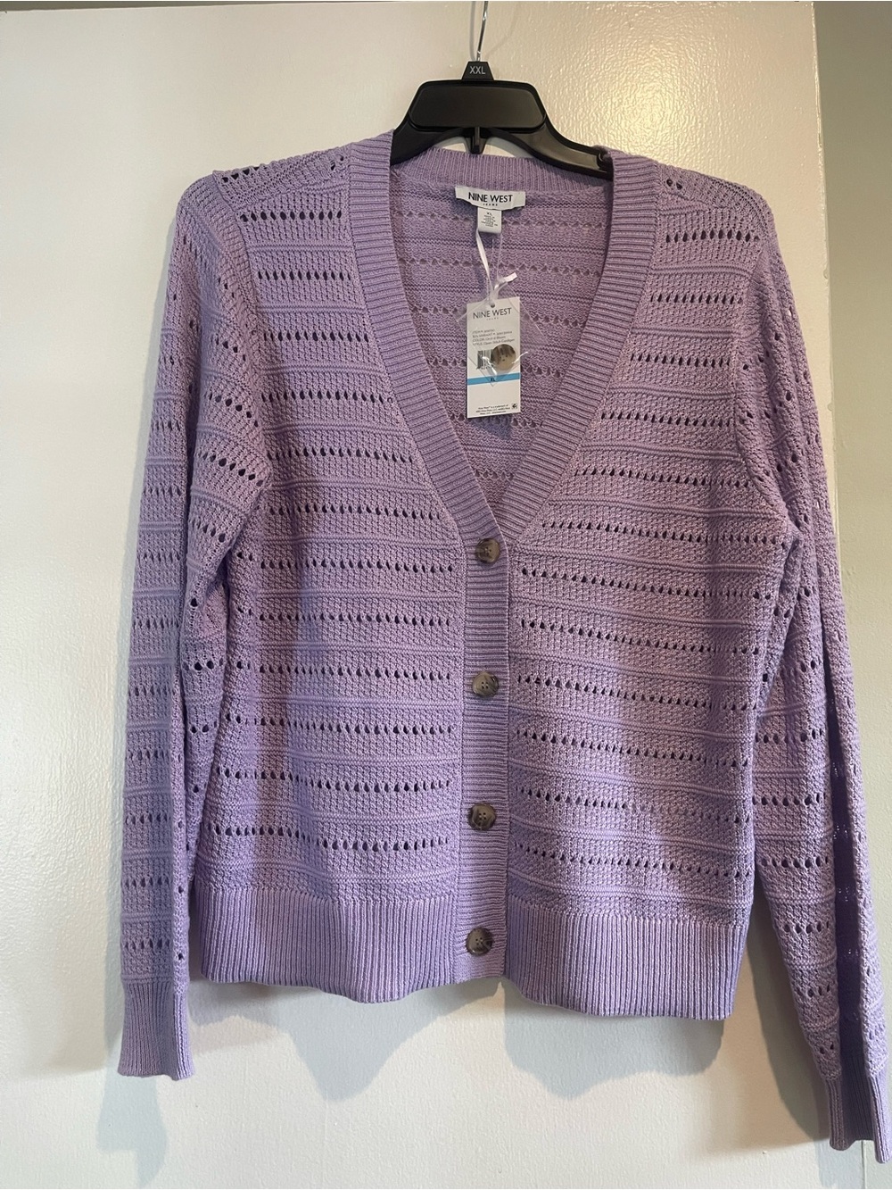 Nine West Lilac Openwork V-Neck Button Cardigan
